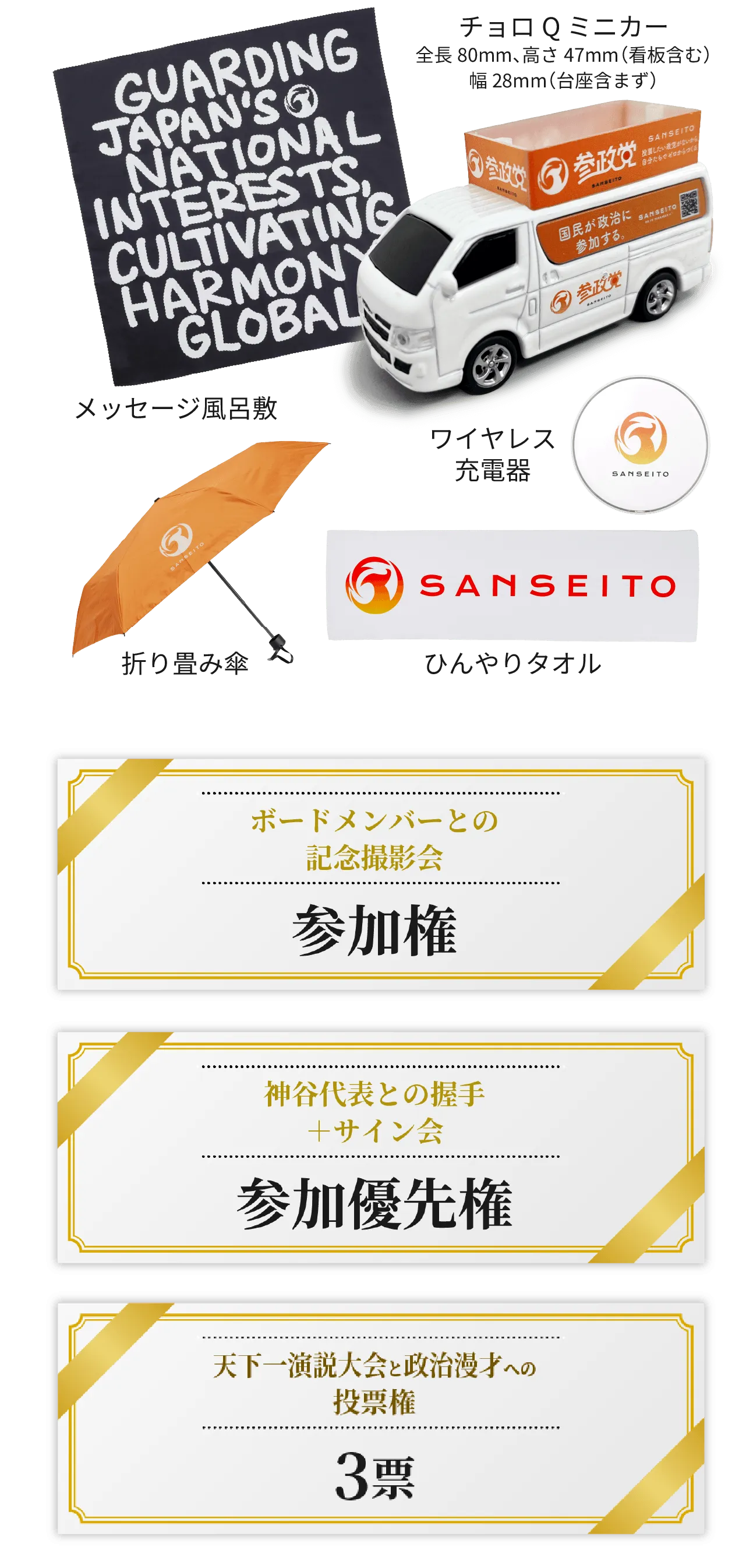 ・グッズ5点・ボードメンバーとの記念撮影会 参加権・神谷代表との握手+サイン会 ファストパス・余興コンテンツへの投票権3票