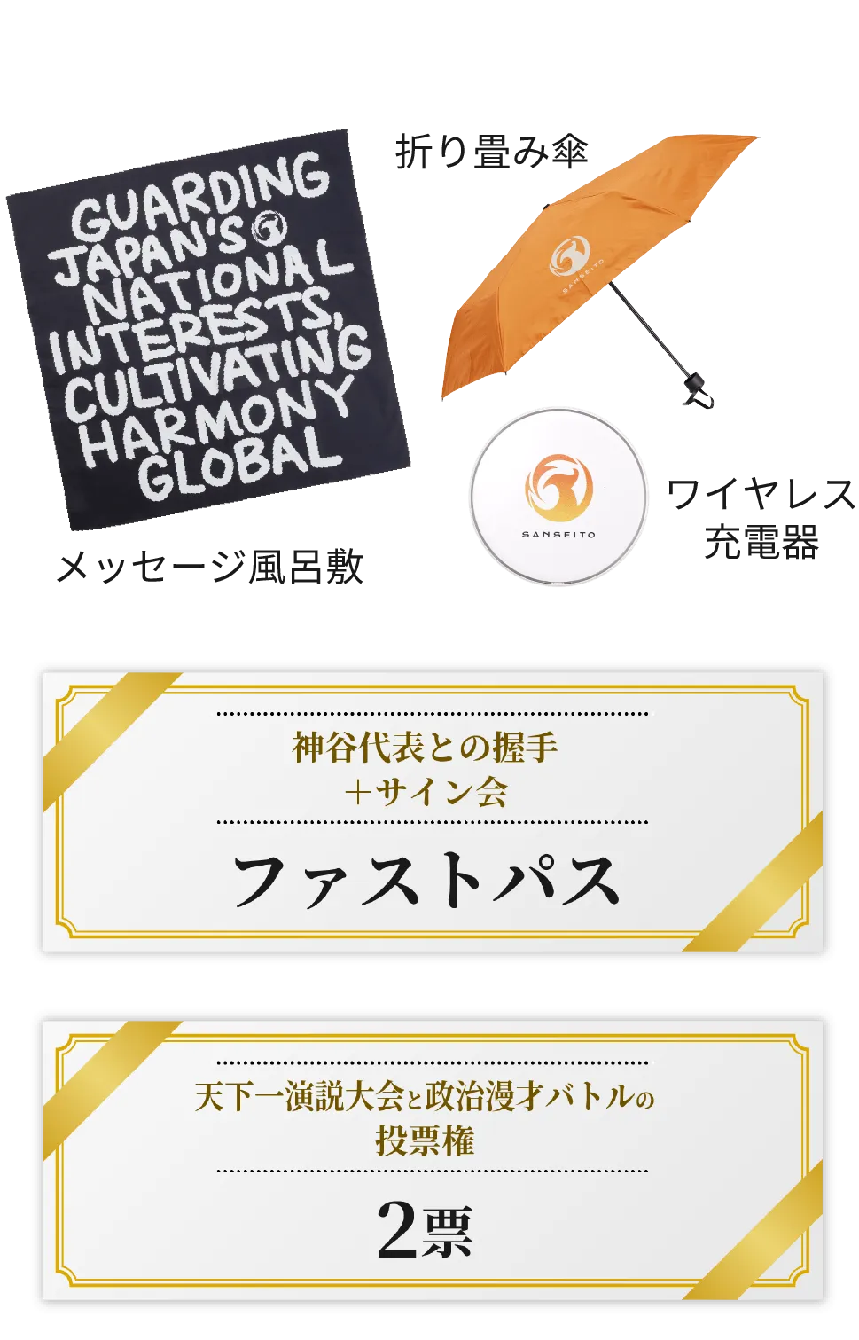 ・グッズ3点・ボードメンバーとの記念撮影会 参加権・神谷代表との握手+サイン会 ファストパス・余興コンテンツへの投票権2票