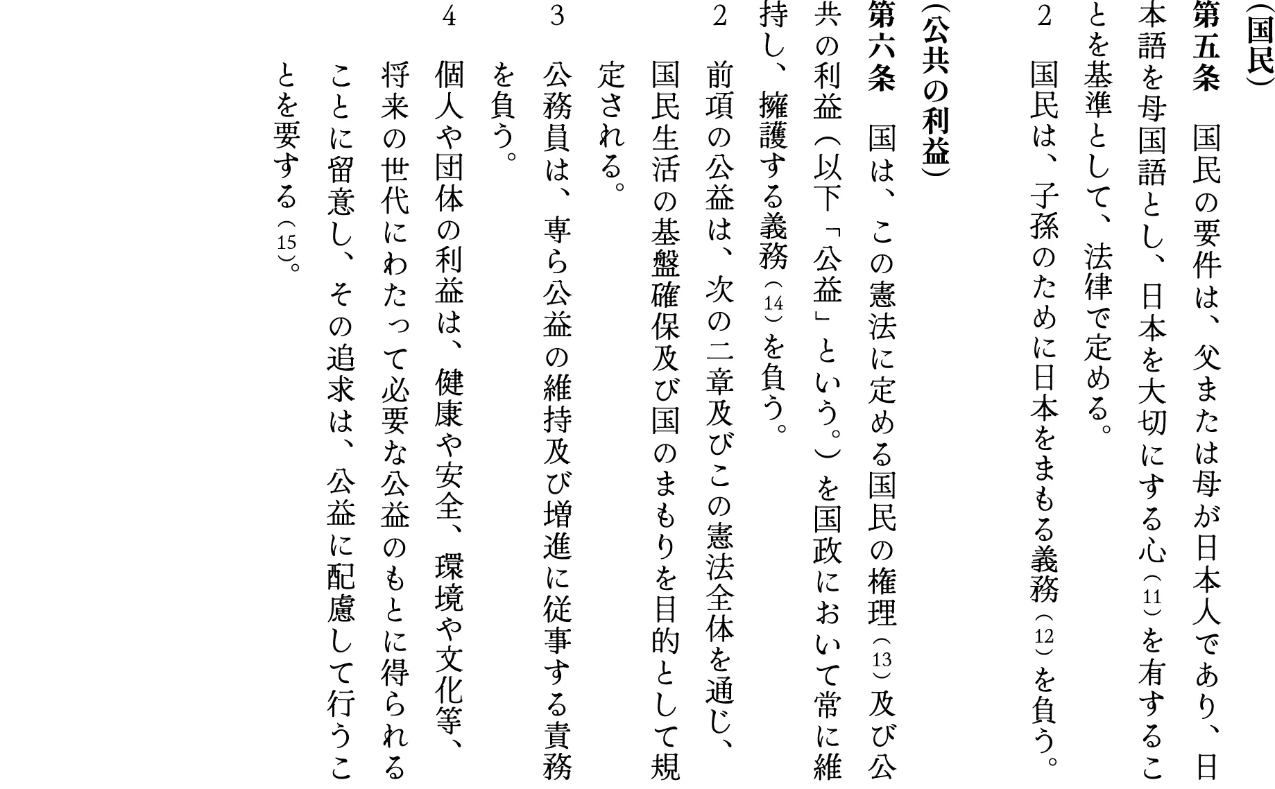 （国民）
第五条　国民の要件は、父または母が日本人であり、日本語を母国語とし、日本を大切にする心 （11）を有することを基準として、法律で定める。
２　国民は、子孫のために日本をまもる義務 （12）を負う。

（公共の利益）
第六条　国は、この憲法に定める国民の権理 （13）及び公共の利益（以下「公益」という。）を国政において常に維持し、擁護する義務 （14）を負う。
２　前項の公益は、次の二章及びこの憲法全体を通じ、　　　国民生活の基盤確保及び国のまもりを目的として規　　定される。
３　公務員は、専ら公益の維持及び増進に従事する責務　　を負う。
４　個人や団体の利益は、健康や安全、環境や文化等、　　　将来の世代にわたって必要な公益のもとに得られる　　ことに留意し、その追求は、公益に配慮して行うこ　　とを要する （15）。

第三章　国民の生活

（家族）
第七条　家族は社会の基礎であり、思いやりの心をもって互いに助け合う。
２　子供は国の宝である。親は、子供の成長及び教育に責任を負い、国は、その責任を補完する。
３　婚姻は、男女の結合を基礎とし、夫婦の氏を同じくすることを要する。
４　家庭、地域社会及び学校は、相互に連携して、国民の健やかな精神を育むものとする。
