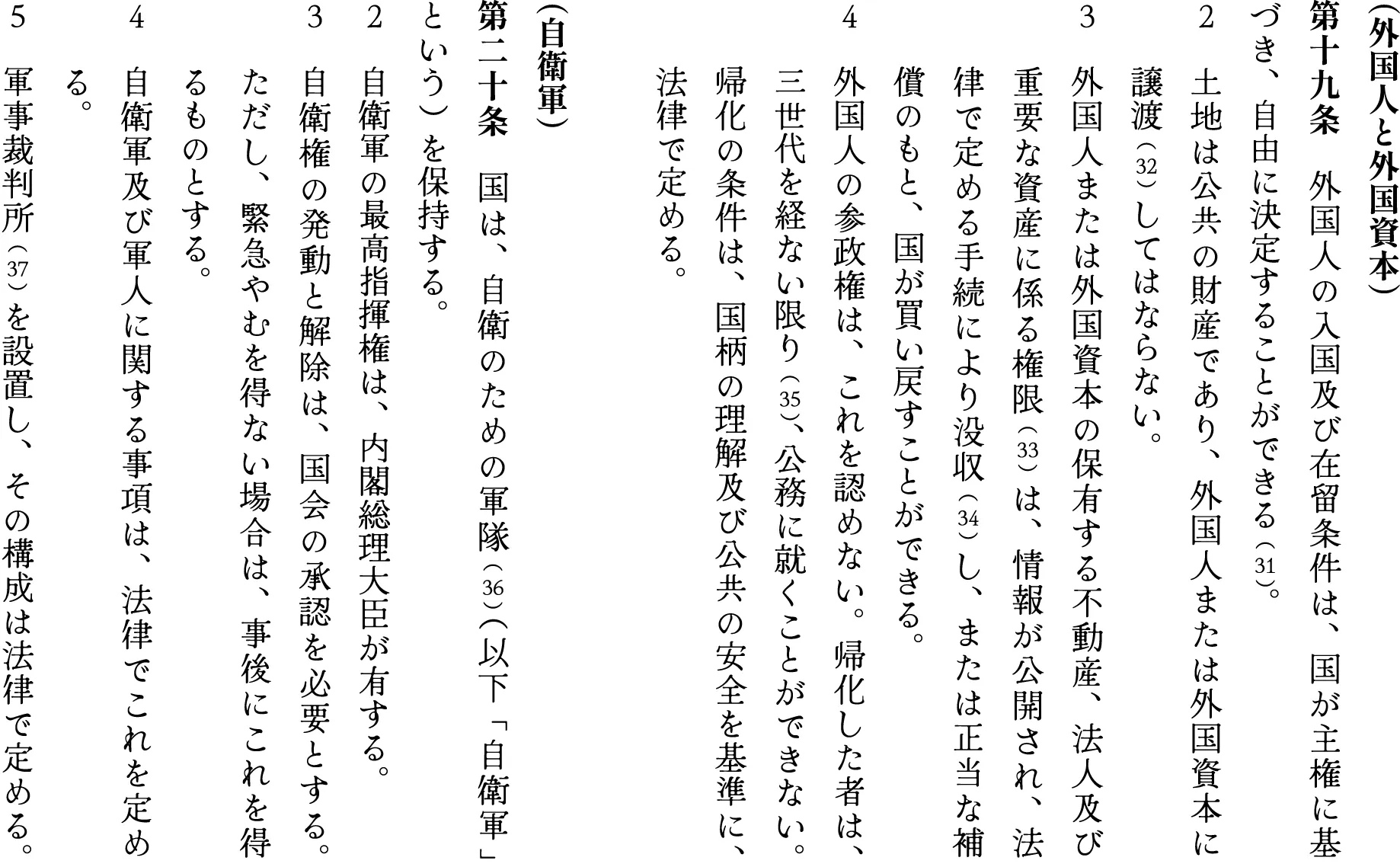（外国人と外国資本）
第十九条　外国人の入国及び在留条件は、国が主権に基づき、自由に決定することができる （31）。
２　土地は公共の財産であり、外国人または外国資本に　　譲渡 （32）してはならない。
３　外国人または外国資本の保有する不動産、法人及び　　重要な資産に係る権限 （33）は、情報が公開され、法　　律で定める手続により没収 （34）し、または正当な補　　償のもと、国が買い戻すことができる。
４　外国人の参政権は、これを認めない。帰化した者は、　　三世代を経ない限り （35）、公務に就くことができない。　　帰化の条件は、国柄の理解及び公共の安全を基準に、　　法律で定める。

（自衛軍）
第二十条　国は、自衛のための軍隊 （36）（以下「自衛軍」という）を保持する。
２　自衛軍の最高指揮権は、内閣総理大臣が有する。
３　自衛権の発動と解除は、国会の承認を必要とする。　　ただし、緊急やむを得ない場合は、事後にこれを得　　るものとする。
４　自衛軍及び軍人に関する事項は、法律でこれを定め　　る。
５　軍事裁判所 （37）を設置し、その構成は法律で定める。ただし、最高裁判所に上訴する機会は保障される。