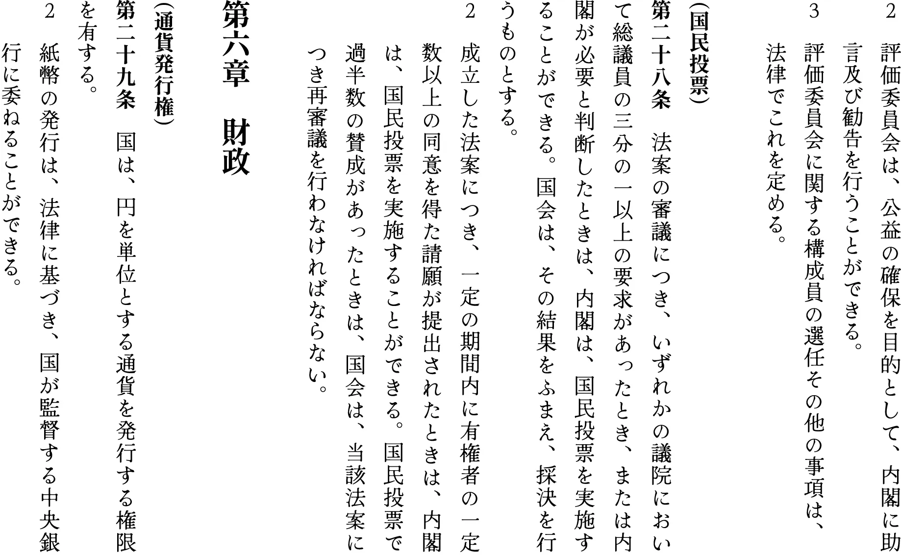 ２　評価委員会は、公益の確保を目的として、内閣に助　　言及び勧告を行うことができる。
３　評価委員会に関する構成員の選任その他の事項は、　　　法律でこれを定める。

（国民投票）
第二十八条　法案の審議につき、いずれかの議院において総議員の三分の一以上の要求があったとき、または内閣が必要と判断したときは、内閣は、国民投票を実施することができる。国会は、その結果をふまえ、採決を行うものとする。
２　成立した法案につき、一定の期間内に有権者の一定　　数以上の同意を得た請願が提出されたときは、内閣　　は、国民投票を実施することができる。国民投票で　　過半数の賛成があったときは、国会は、当該法案に　　つき再審議を行わなければならない。

第六章　財政　

（通貨発行権）
第二十九条　国は、円を単位とする通貨を発行する権限を有する。
２　紙幣の発行は、法律に基づき、国が監督する中央銀　　行に委ねることができる。
３　国は、通貨発行及び金融政策が、外国または国際機関の干渉を受けないよう措置を講ずる。