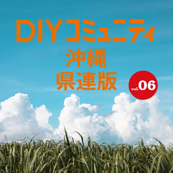 青空と入雲、手前にサトウキビ畑が広がる風景写真。中央にオレンジ色で「DIYコミュニティ 沖縄県連版」、右下の赤い丸内に白文字で「vol.06」と記されています。